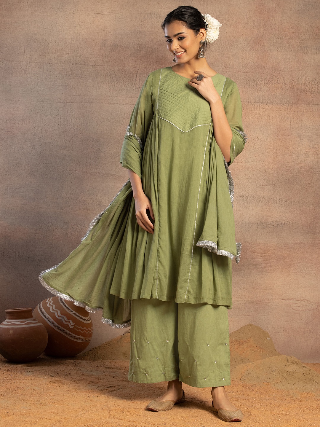 

INDYA Gotta Patti Pure Cotton A-Line Kurta With Palazzo & Dupatta Set, Green