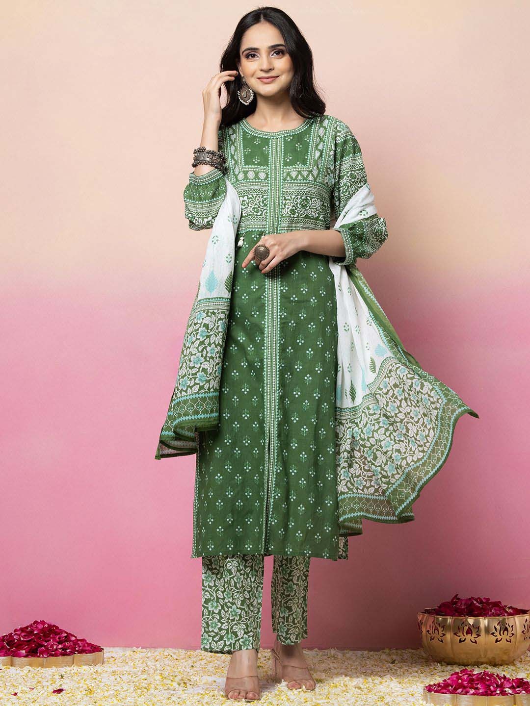 

INDYA Floral Printed Pure Cotton Kurta With Trouser & Dupatta, Green