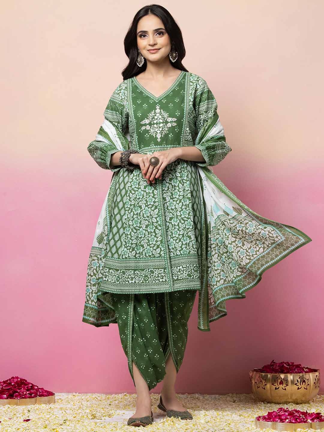 

INDYA Floral Printed Pure Cotton Round Neck Kurta Dhoti Pants & Dupatta Set, Green