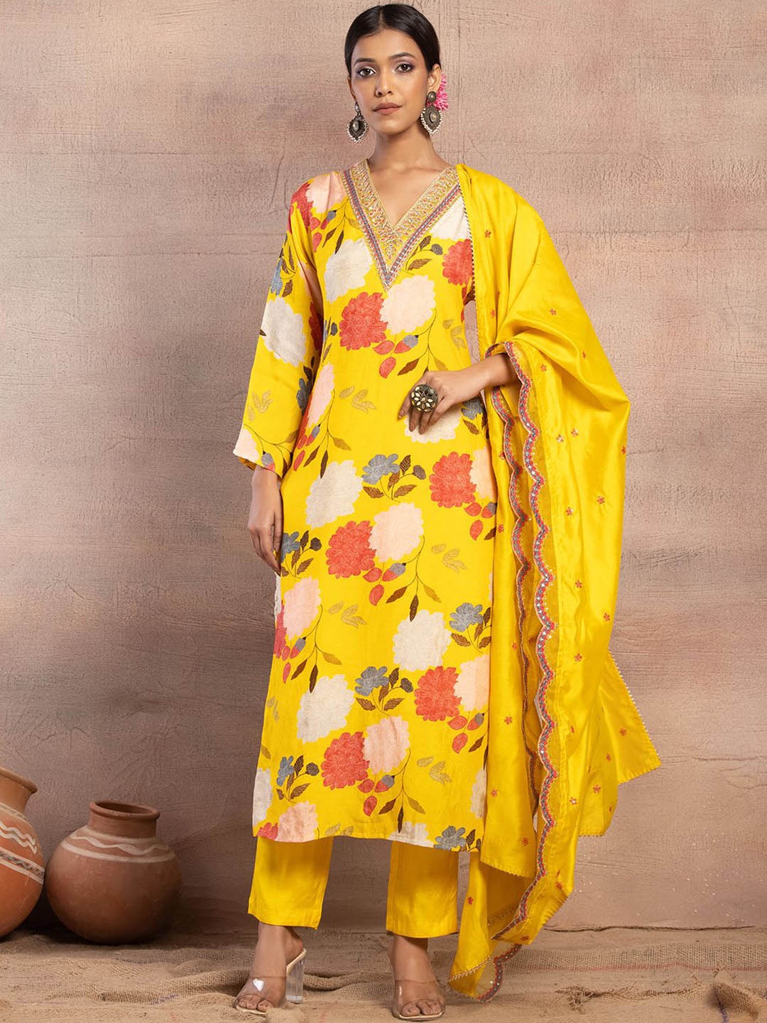 

INDYA Floral Printed Embroidered Kurta With Trouser And Dupatta, Yellow