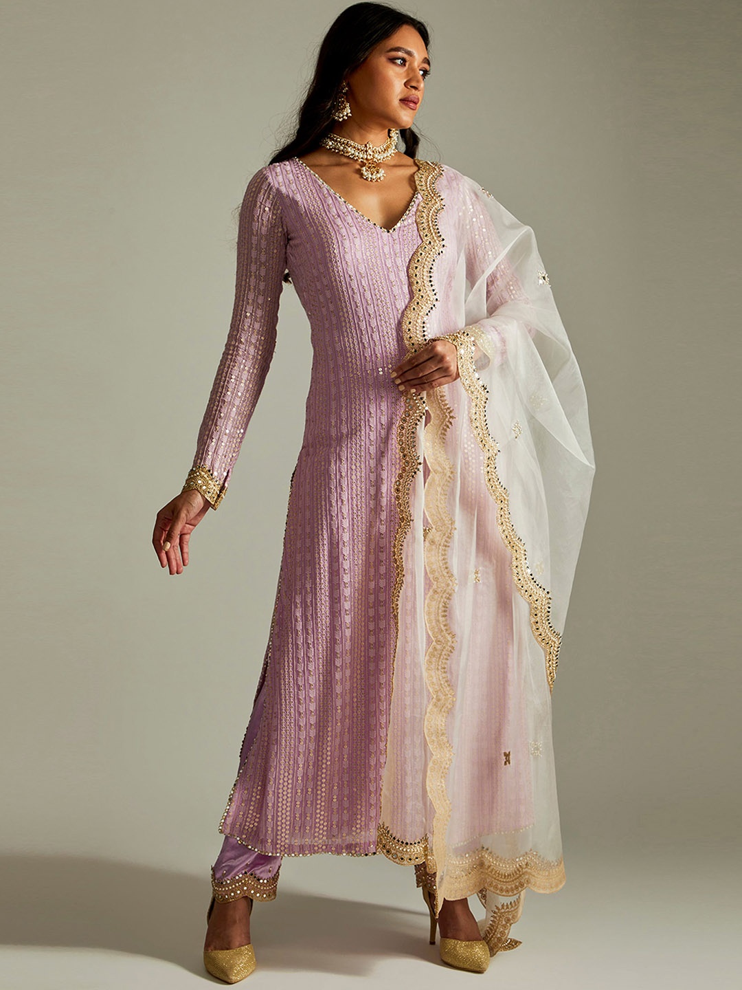 

Renee Label Ethnic Motifs Embroidered Regular Sequinned Kurta With Trousers & Dupatta, Purple