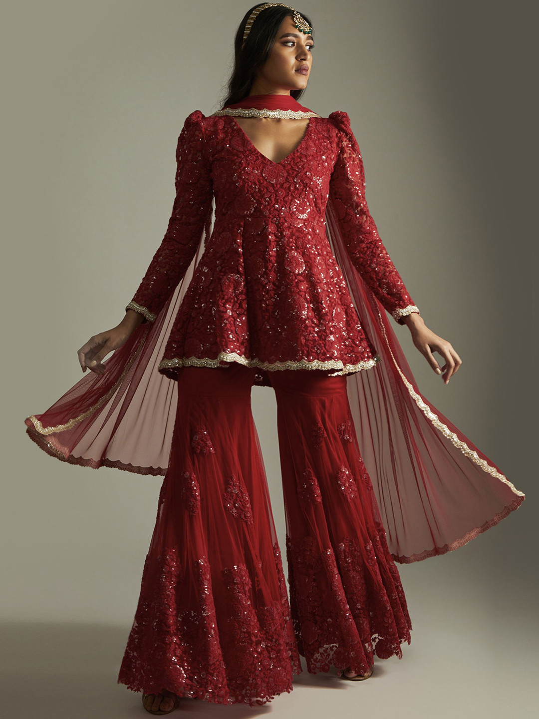 

Renee Label Floral Embroidered Thread Work A-Line Kurti With Sharara & Dupatta, Red
