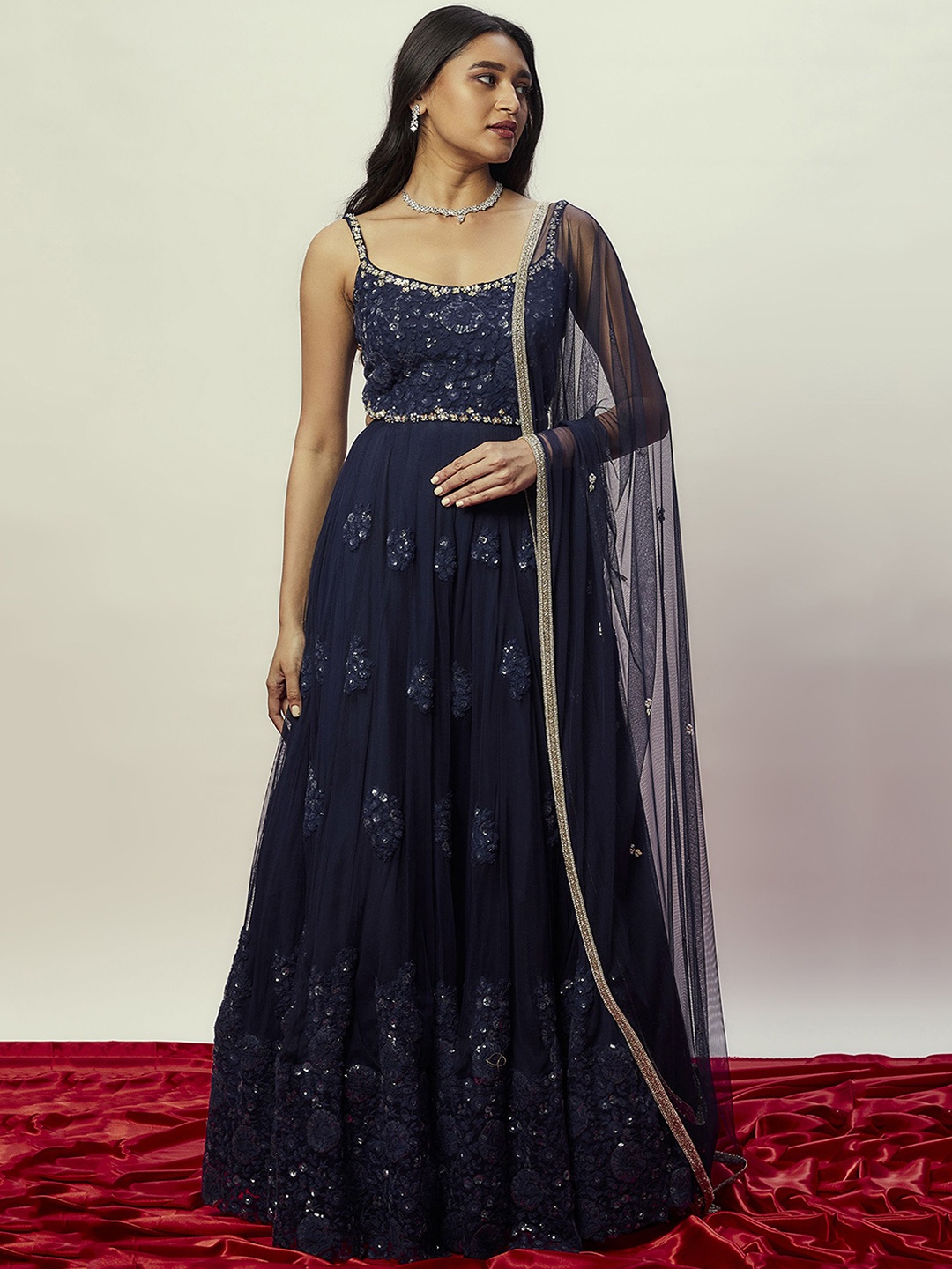 

Renee Label Shoulder Straps Sleeveless Sequinned Anarkali Kurta with Skirt & Dupatta, Blue