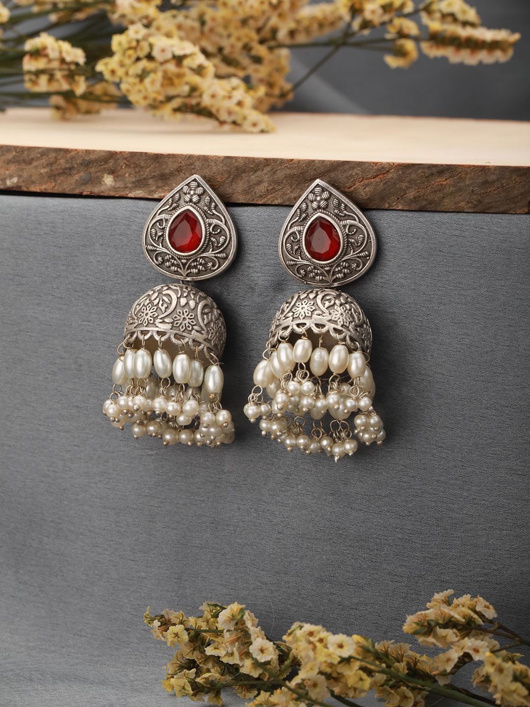 

Saraf RS Jewellery Silver-Plated Contemporary Jhumkas Earrings