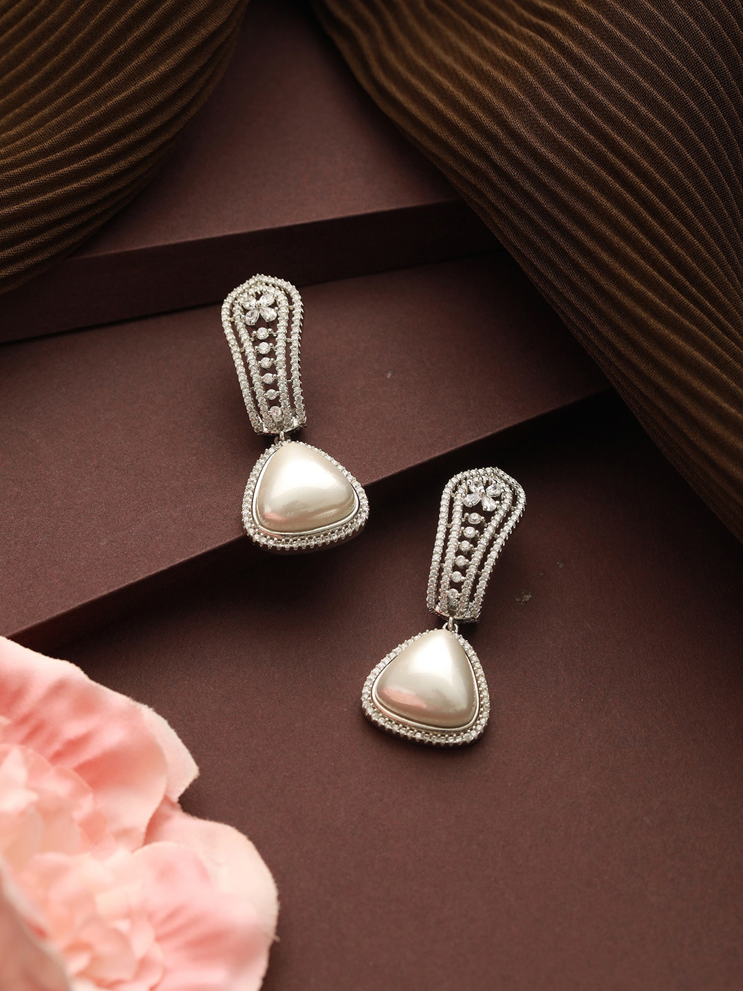 

Saraf RS Jewellery Silver-Plated Pearl & Zircon Drop Earrings