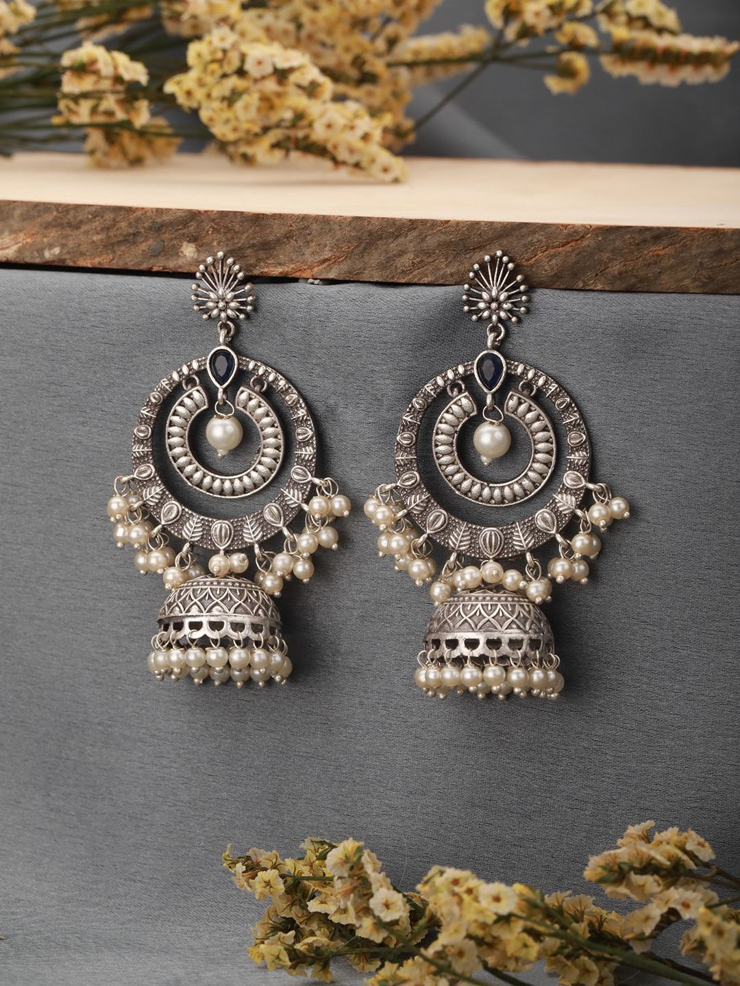 

Saraf RS Jewellery Rhodium-Plated Oxidised American Diamond Studded Contemporary Jhumkas, Silver