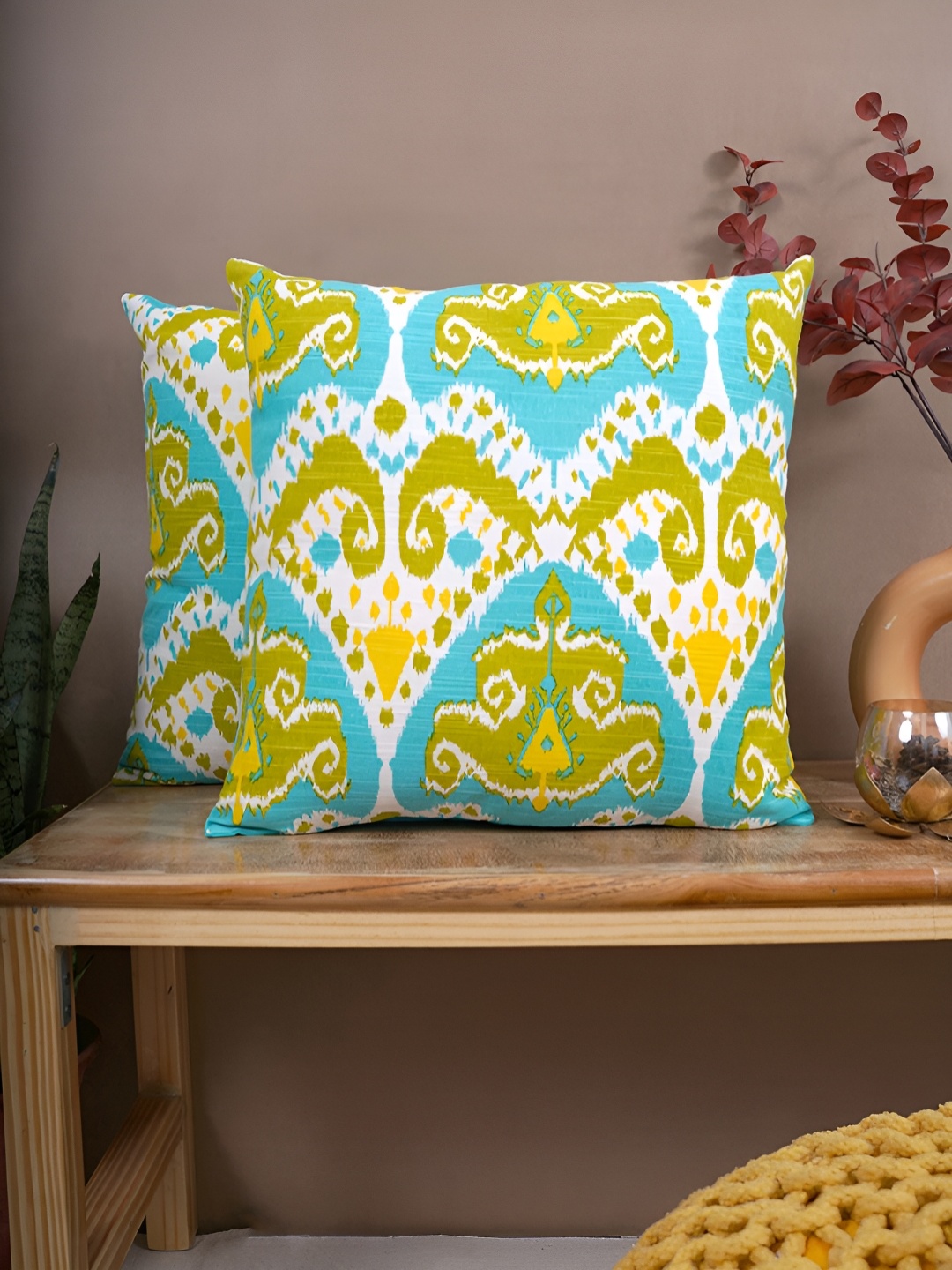 

Aura Blue & Green 2 Pieces Ethnic Motifs Cotton Square Cushion Covers