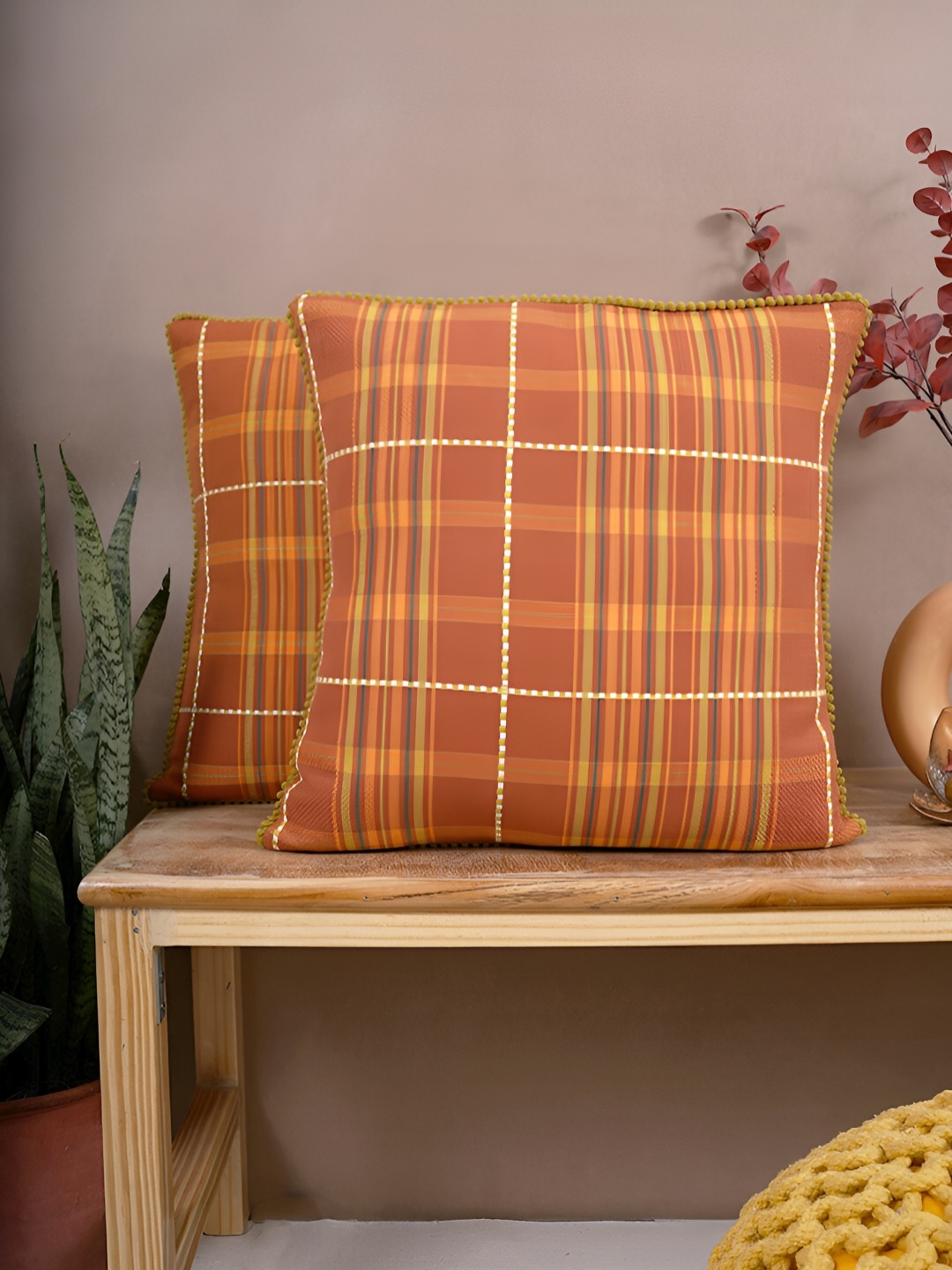 

Aura Rust & Yellow 2 Pieces Striped Cotton Square Cushion Covers
