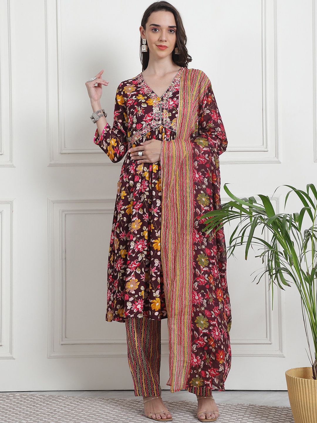 

KALINI Women Floral Yoke Design Empire Sequinned Kurta with Palazzos & With Dupatta, Coffee brown