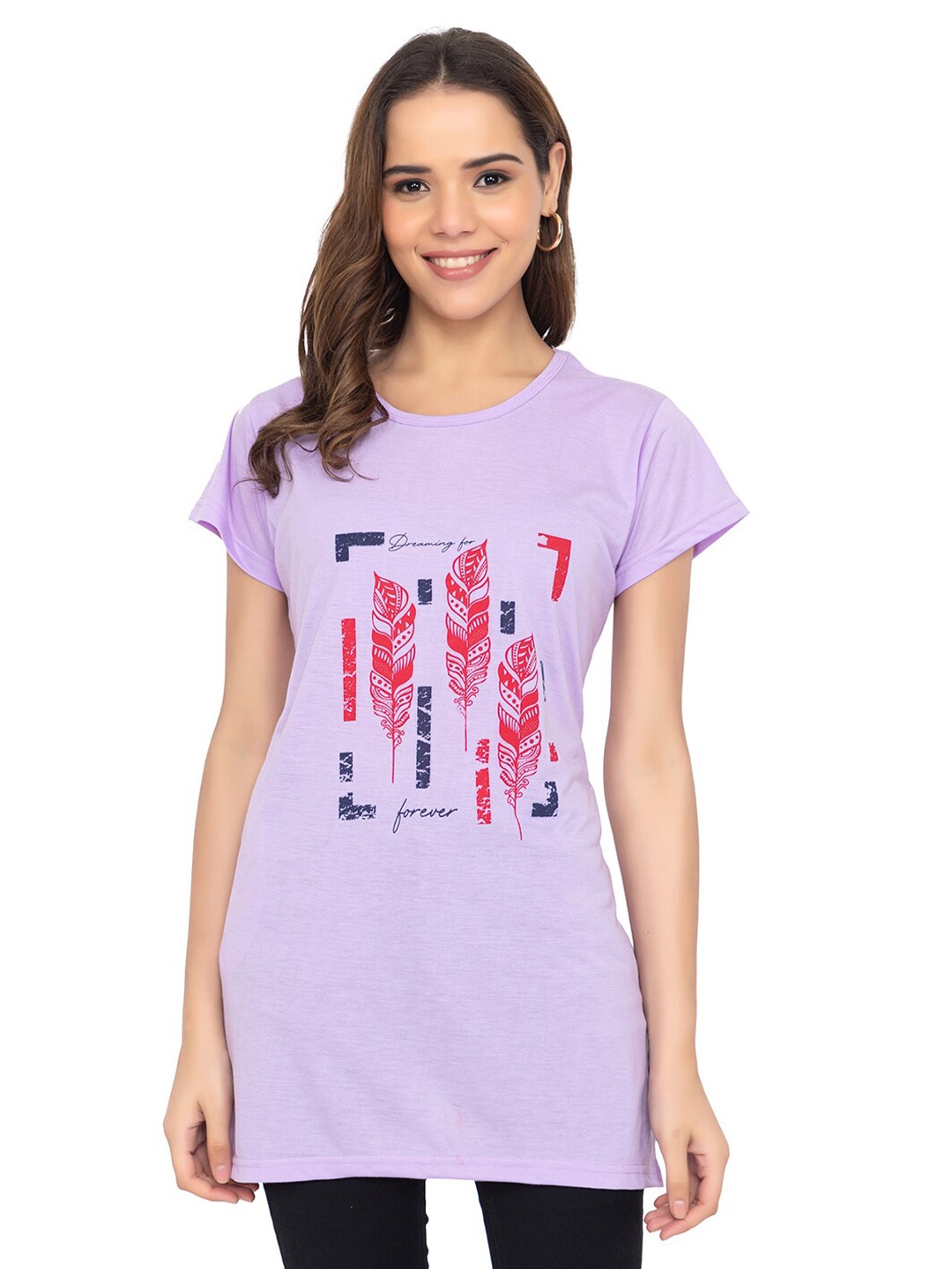 

TWENTY ME Graphic Printed Round Neck Short Sleeves Longline T-shirt, Mauve