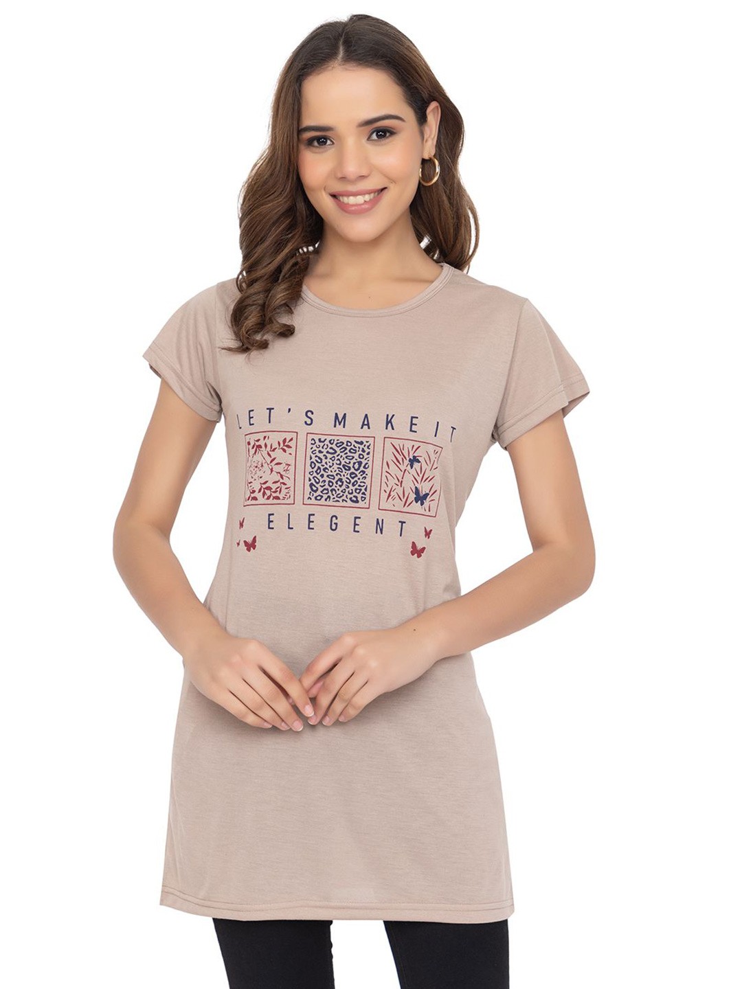 

TWENTY ME Graphic Printed Round Neck Short Sleeves Longline T-shirt, Brown