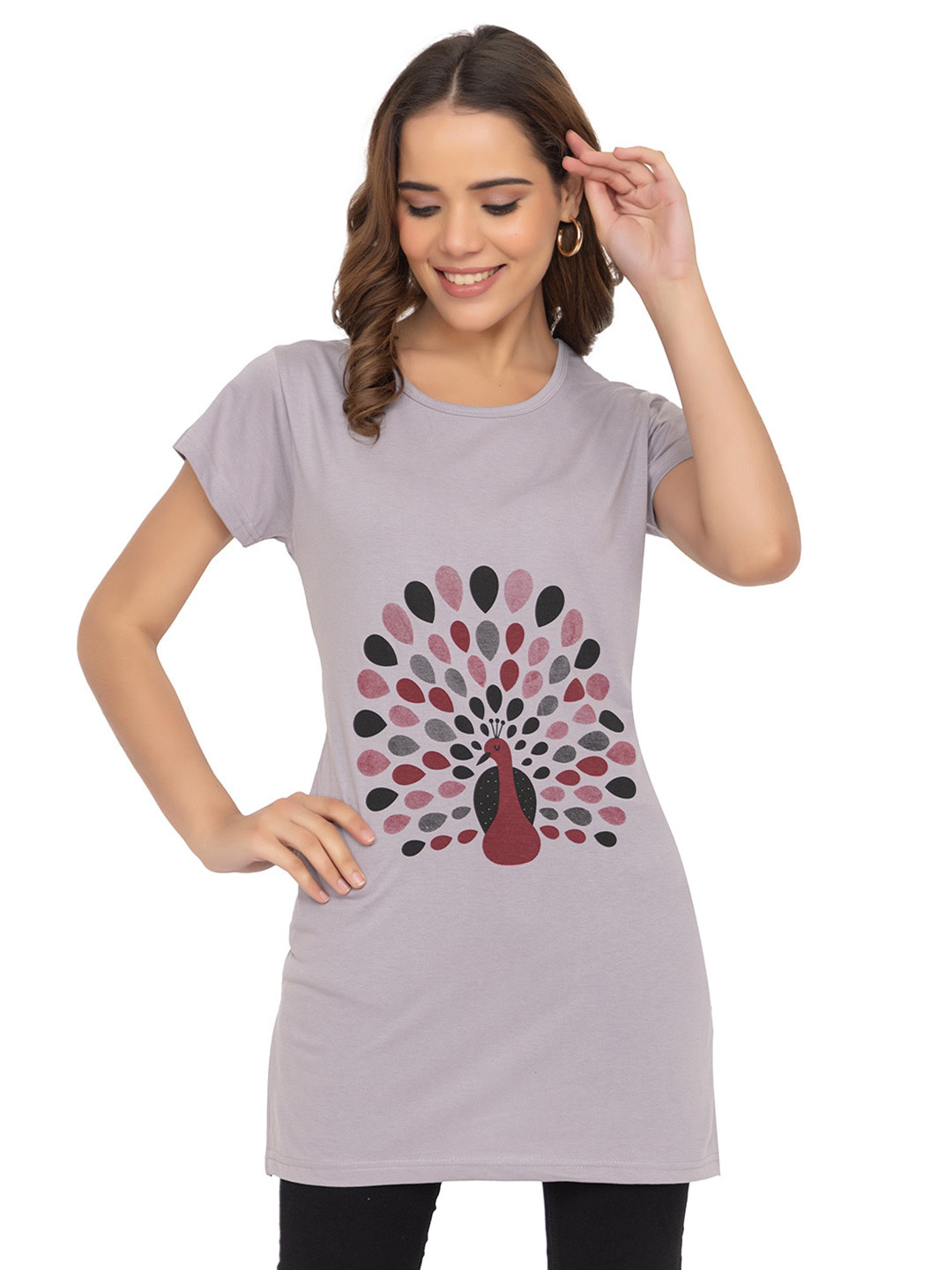 

TWENTY ME Women Floral Printed Extended Sleeves T-shirt, Grey melange
