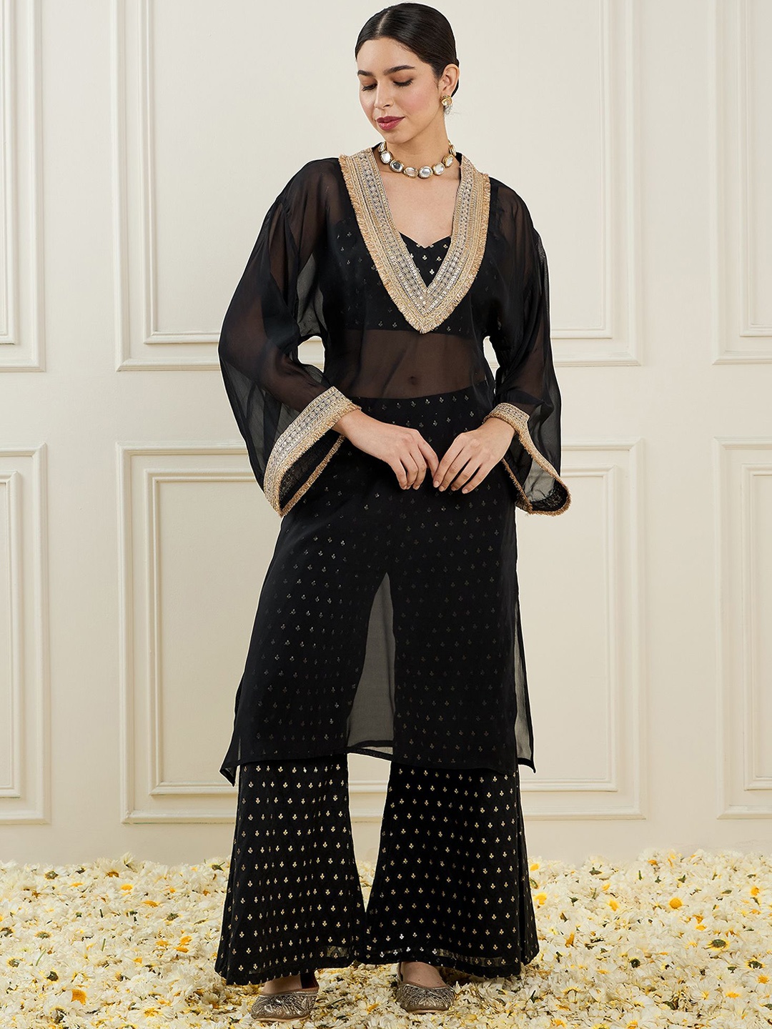

ADORNIA Woven-design 3-Piece Co-Ords, Black