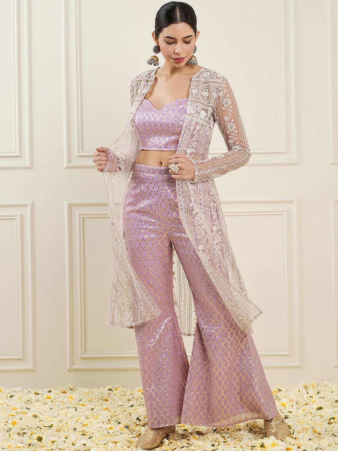 

ADORNIA Woven Design Scoop Neck Sleeveless Brocade Co-Ord Set, Lavender