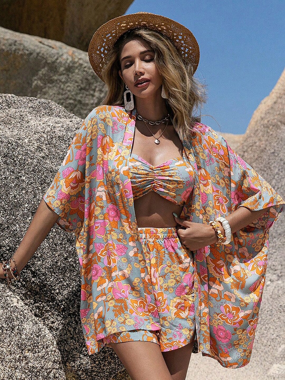 

JC Mode Floral Printed Shrug & Shorts, Pink