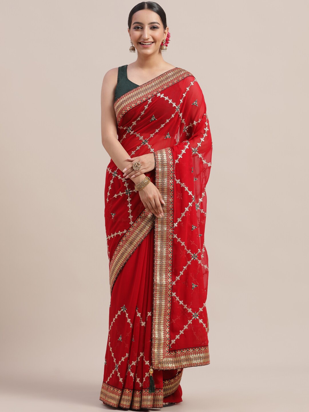 

Jhilmil Fashion Floral Poly Georgette Saree, Red