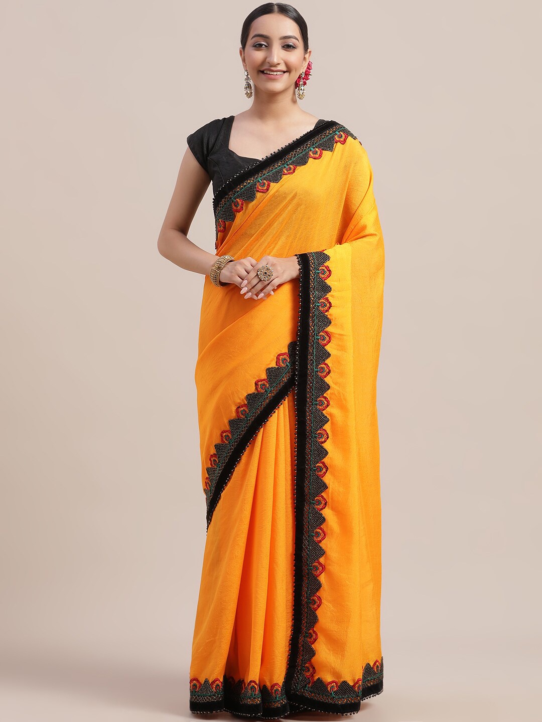 

Jhilmil Fashion Embroidered Silk Blend Saree, Yellow