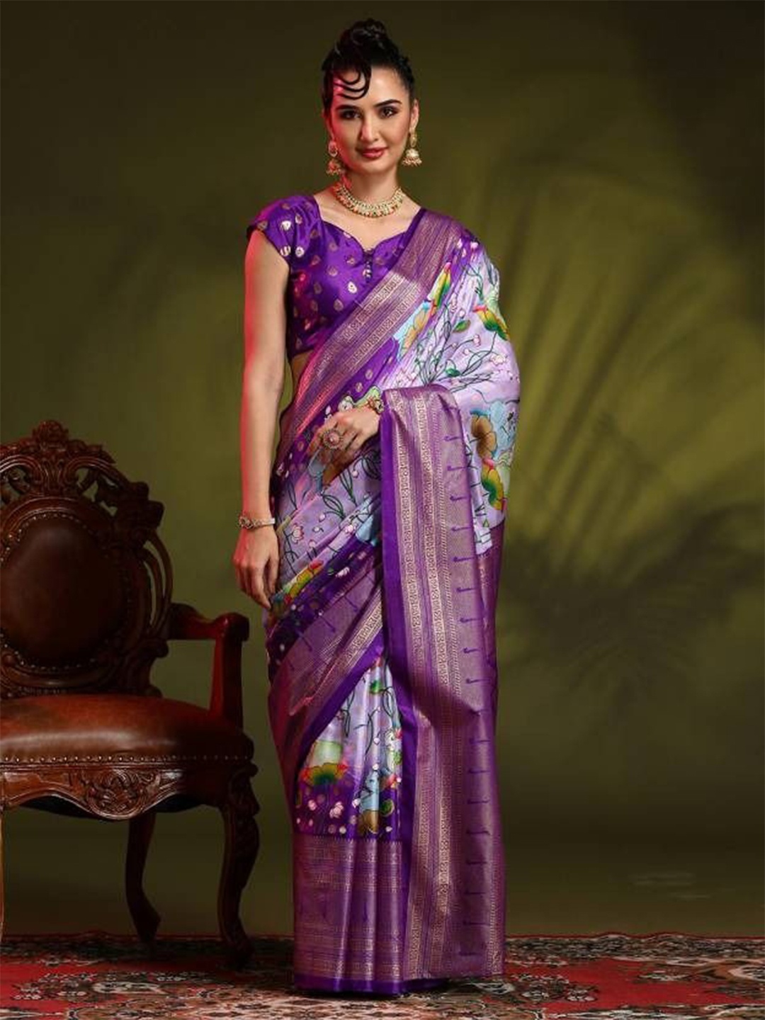 

Sitanjali Floral Zari Chanderi Saree, Purple