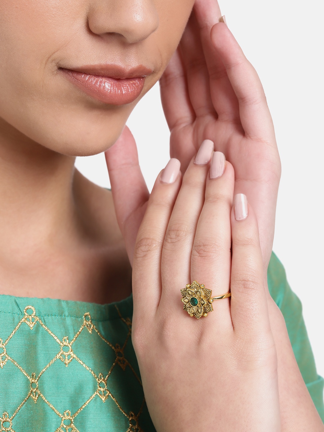 

Estele Gold-Plated Floral Crystal-Studded Finger Ring