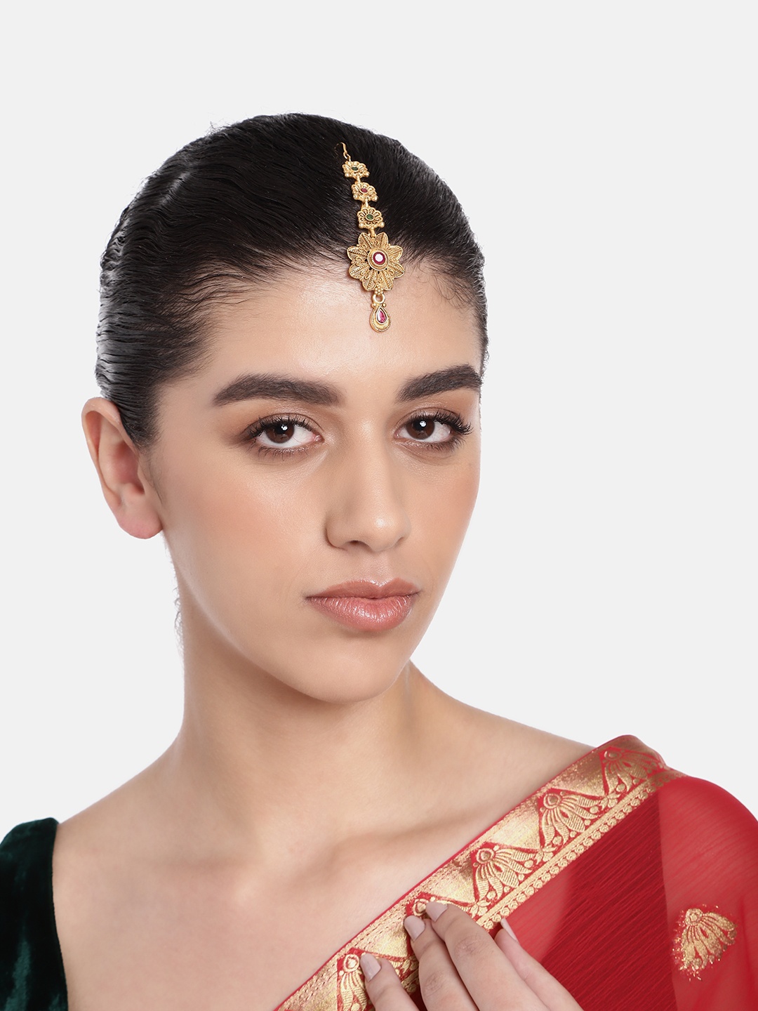 

Estele Gold-Plated Crystals Studded Maang Tikka, Red