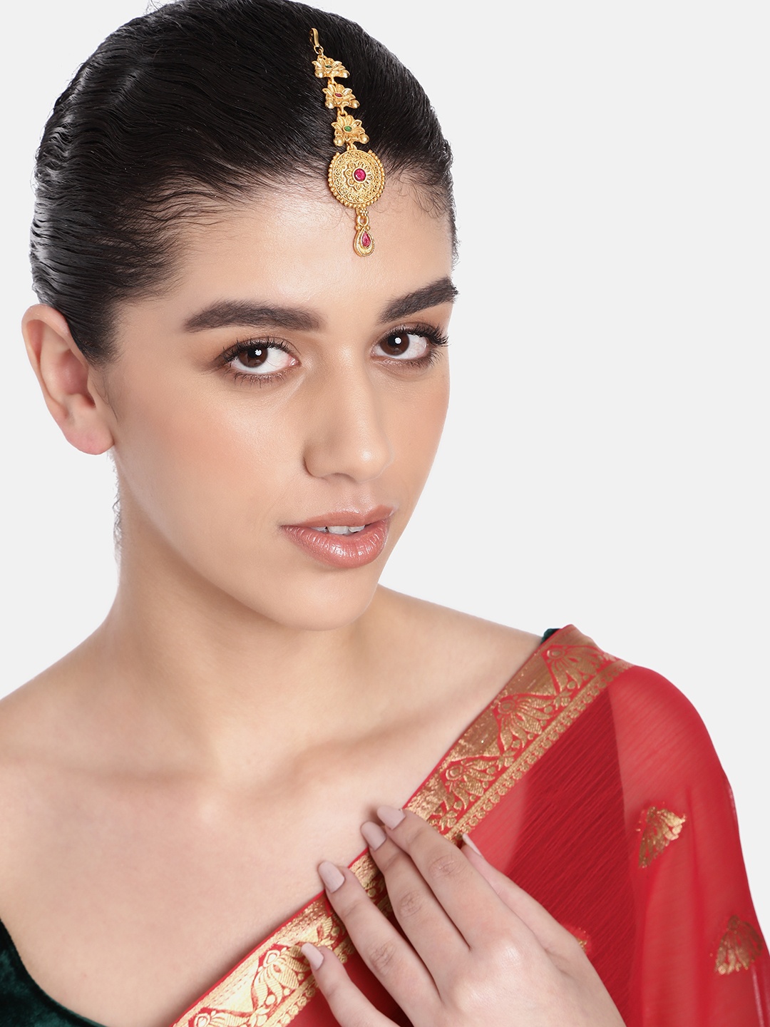 

Estele Gold-Plated Crystals Studded Maang Tikka, Red