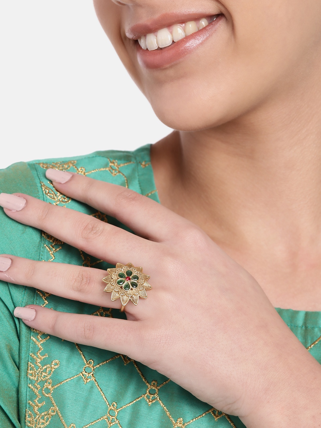 

Estele Gold-Plated Floral Crystal-Studded Finger Ring