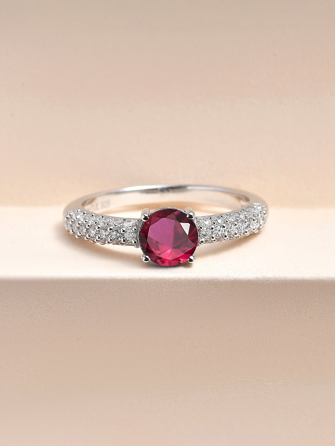 

Ornate Jewels Rhodium-Plated 925 Sterling Silver Cubic Zirconia Ruby Solitaire Ring