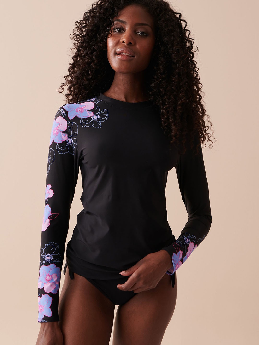 

La Vie en Rose Printed Long Sleeve Swim Top, Black