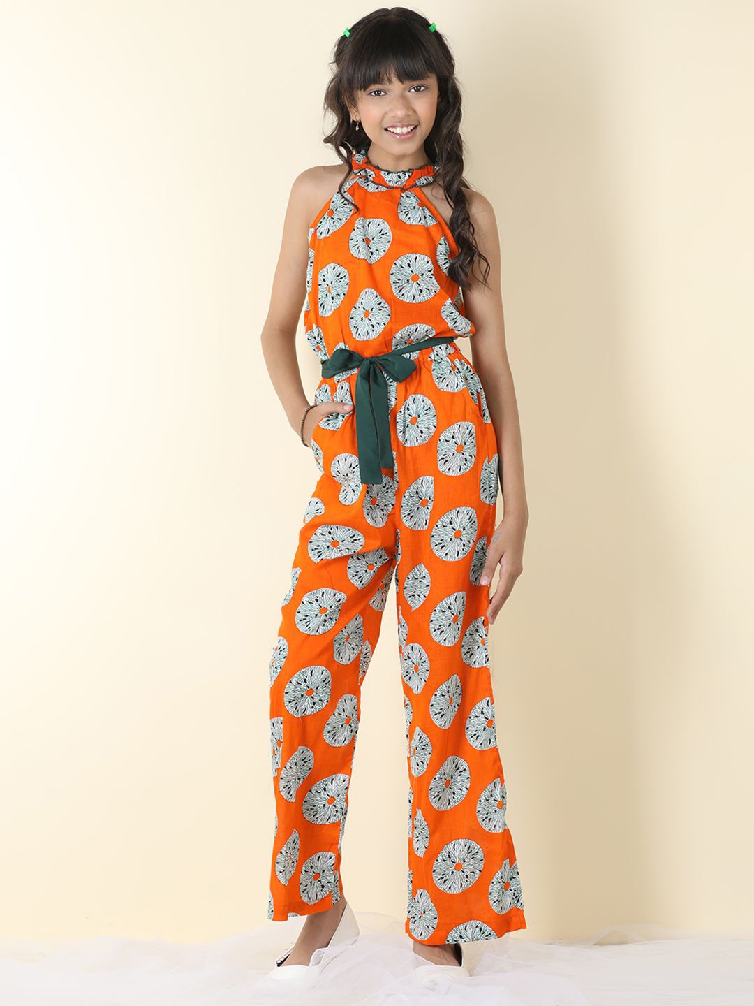 

Cutiekins Girls Halter Neck Printed Basic Jumpsuit, Orange