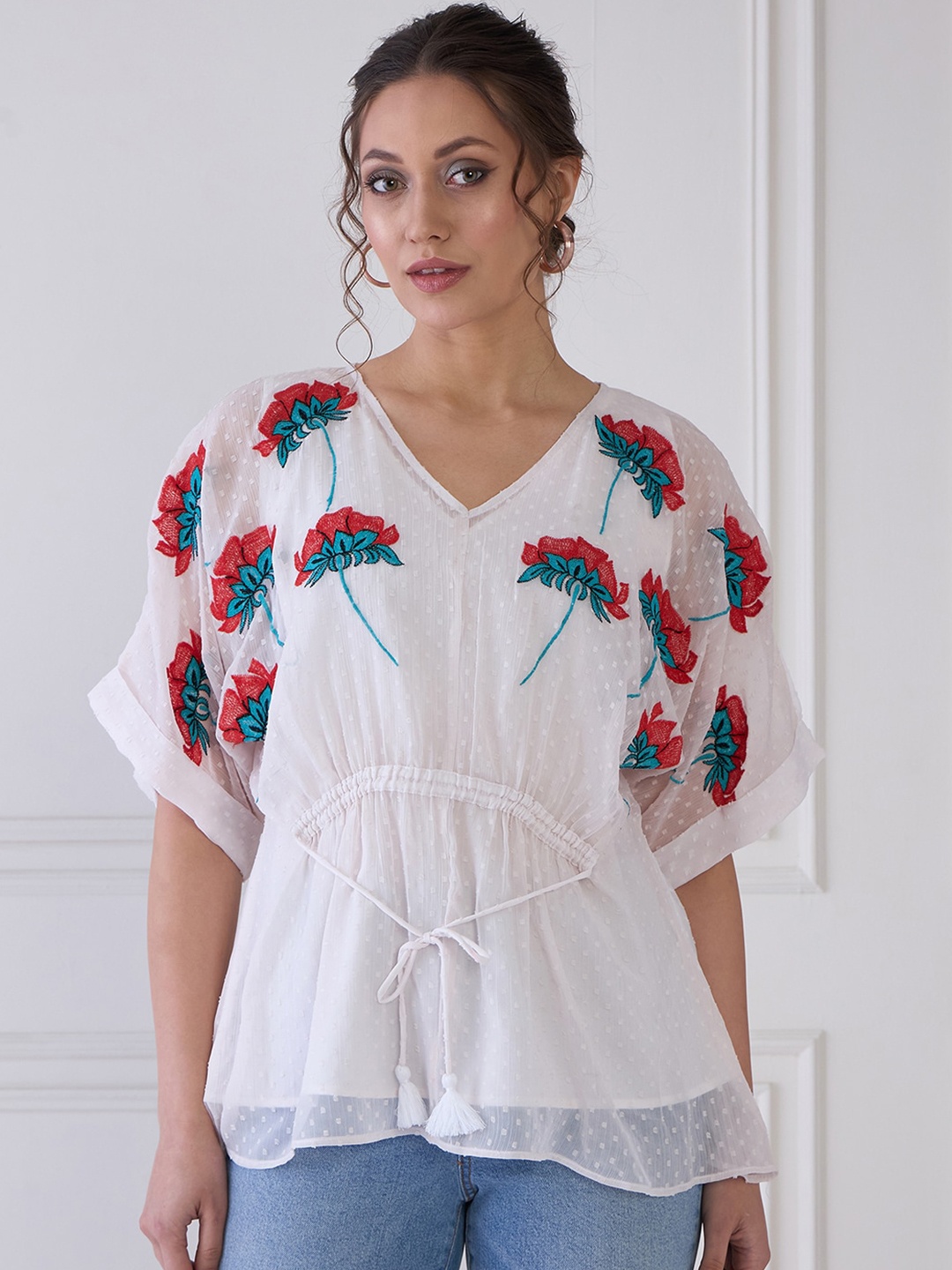 

Antheaa Floral Embroidered Extended Sleeves Chiffon Kaftan Top, White