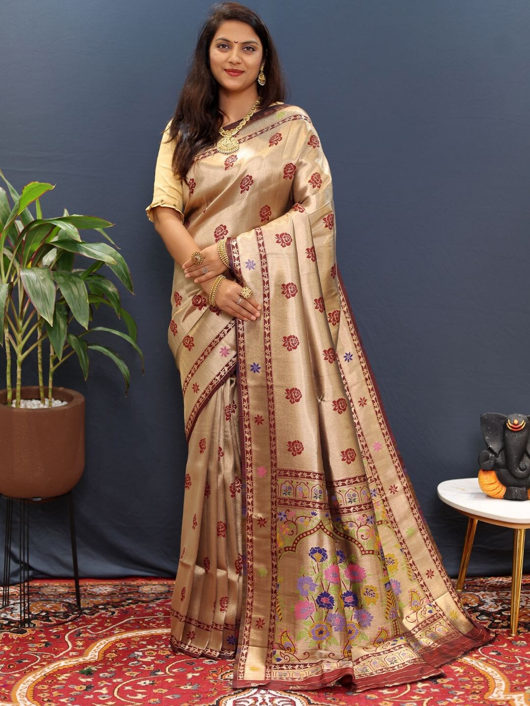 

SGF11 Woven Design Zari Art Silk Kanjeevaram Saree, Brown