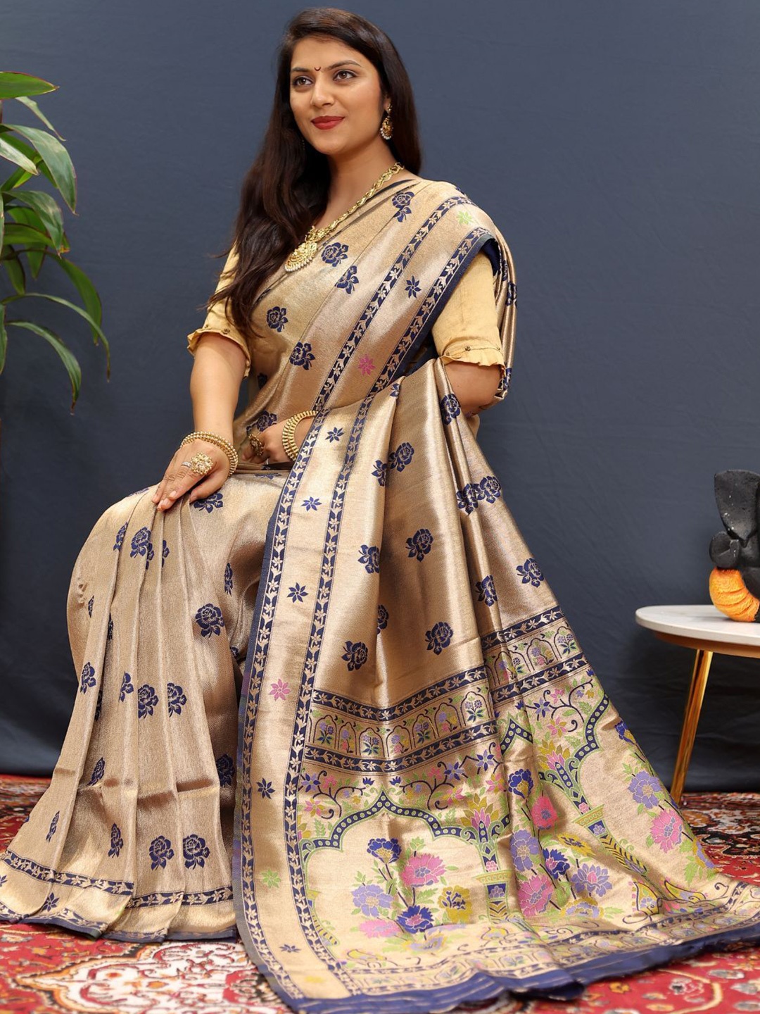 

SGF11 Woven Design Zari Art Silk Kanjeevaram Saree, Gold