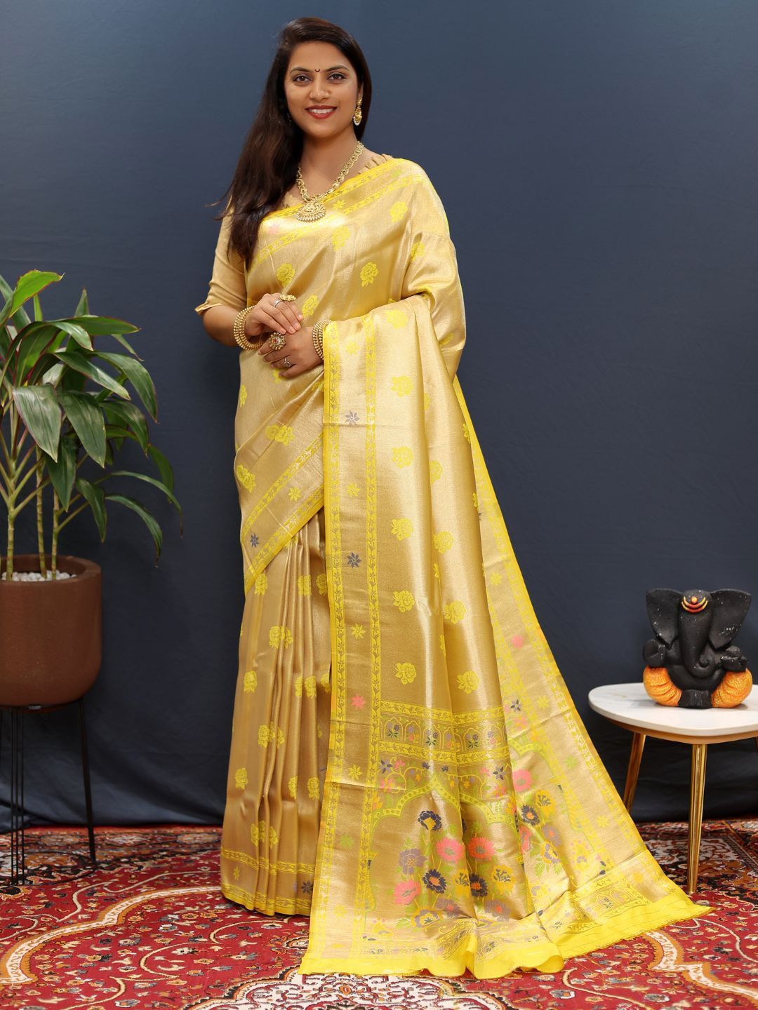 

SGF11 Ethnic Motifs Zari Art Silk Kanjeevaram Saree, Yellow