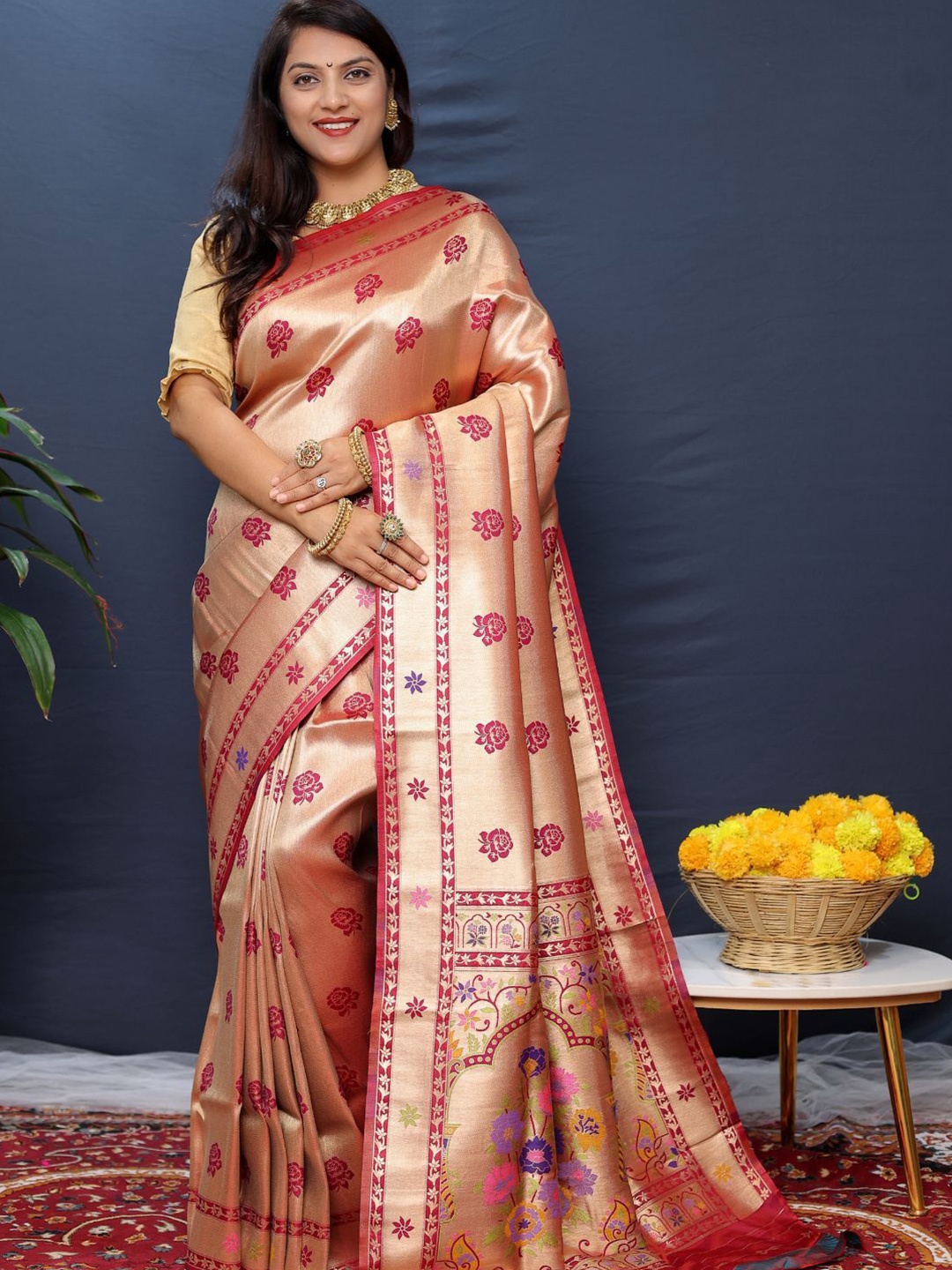 

SGF11 Woven Design Zari Art Silk Kanjeevaram Saree, Gold