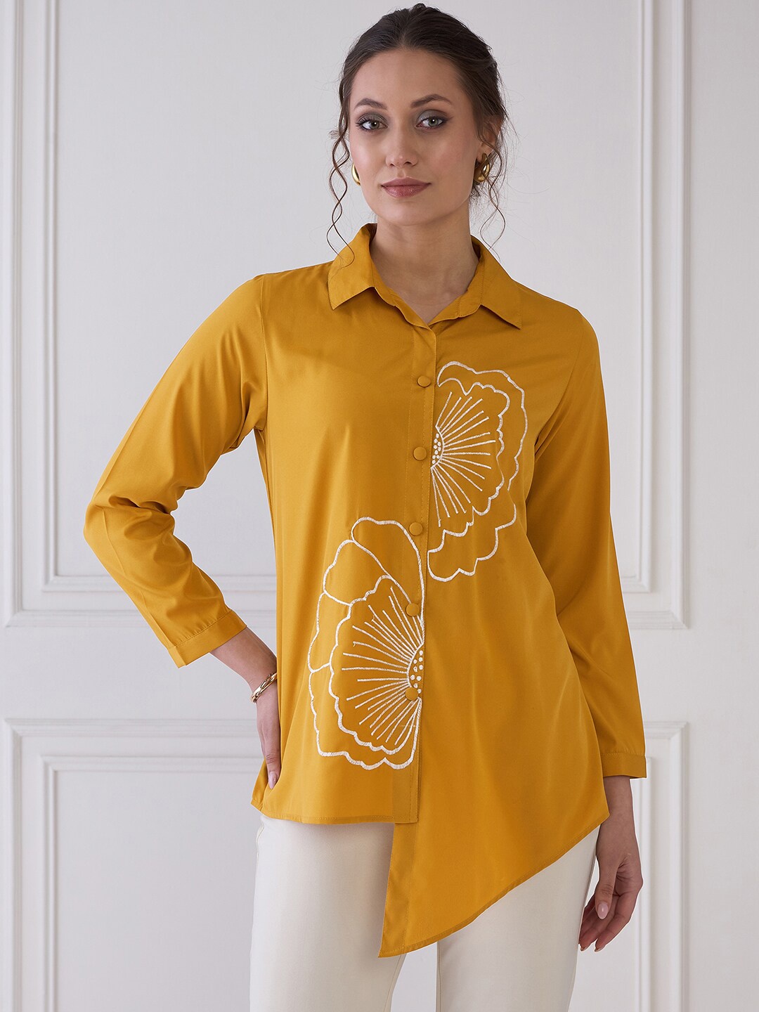 

Antheaa Elit Cuffed Sleeves Embroidered Crepe Shirt Style Top, Mustard