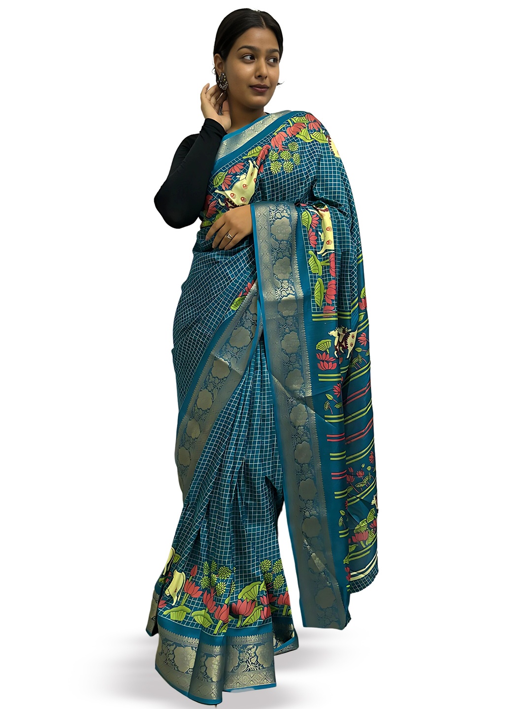 

SANJANA SILK Floral Zari Chanderi Saree, Blue