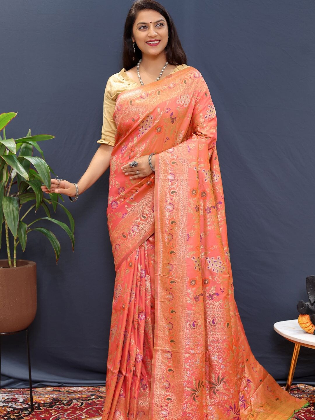 

SGF11 Woven Design Zari Art Silk Heavy Work Kanjeevaram Saree, Peach