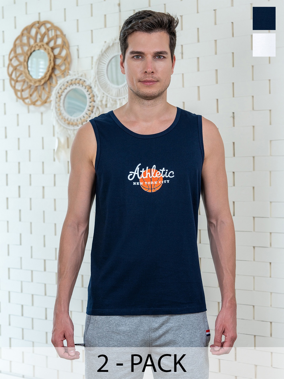 

Lux Cozi Pack Of 2 Printed Combed Cotton Lounge T-Shirts, Navy blue