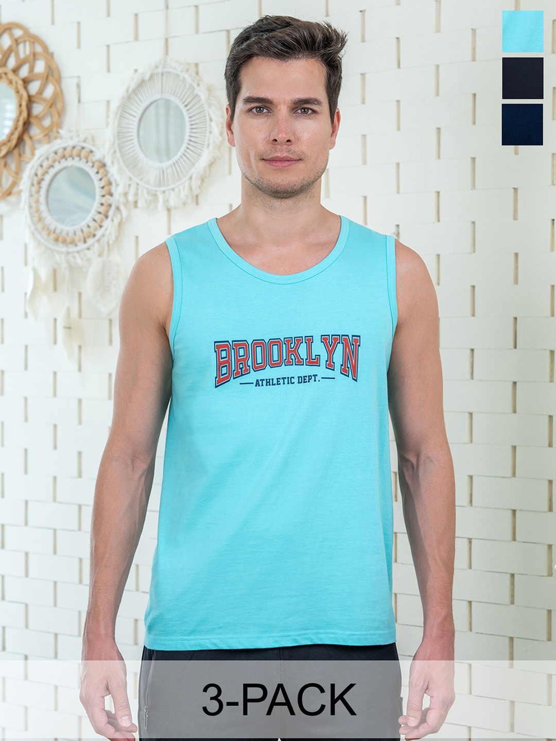 

Lux Cozi Pack Of 3 Printed Combed Cotton Lounge T-Shirts, Turquoise blue