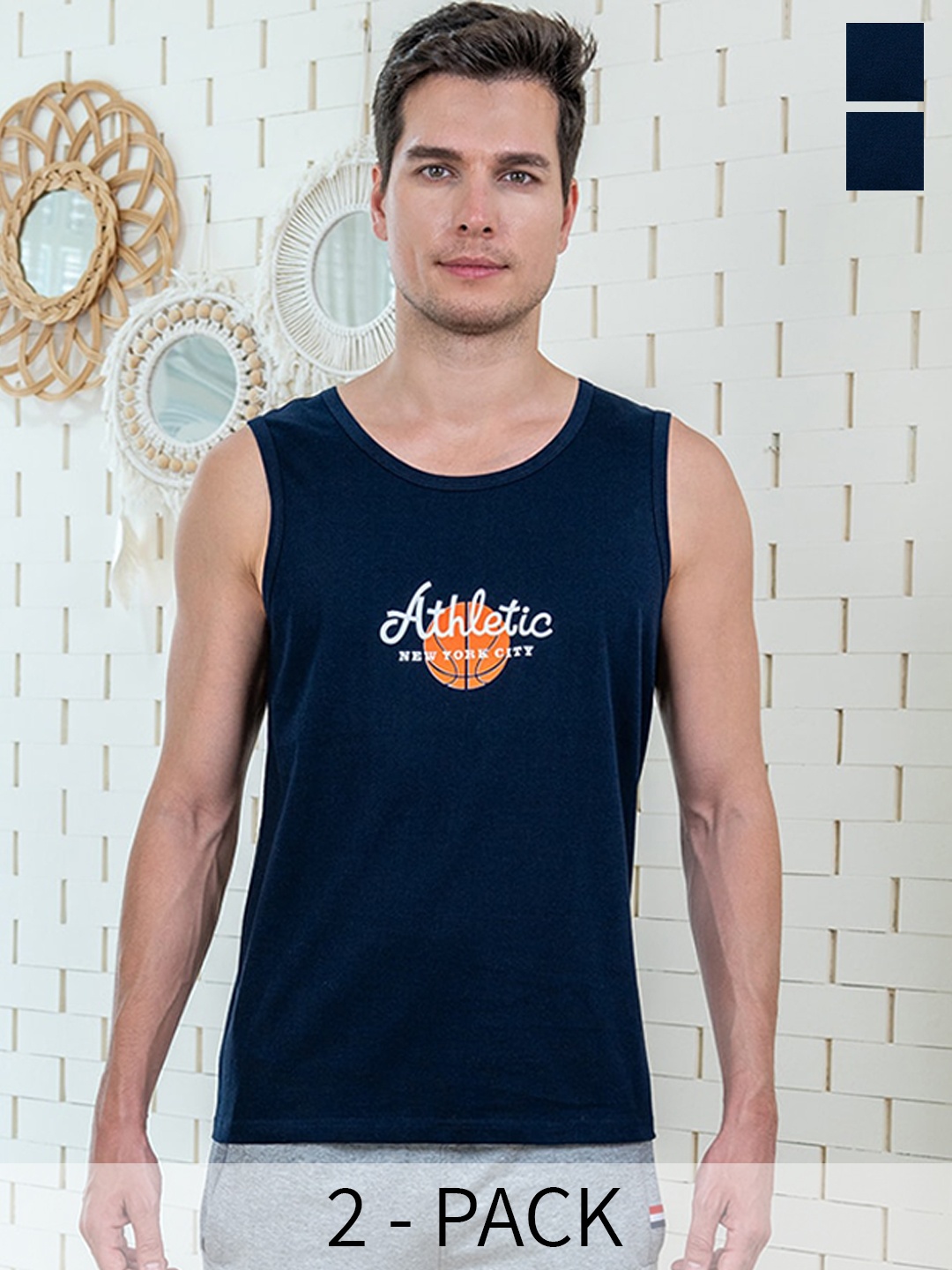 

Lux Cozi Pack Of 2 Printed Combed Cotton Lounge T-Shirts, Navy blue