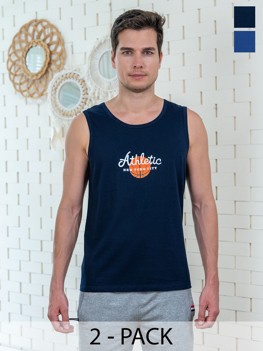 

Lux Cozi Pack Of 2 Printed Combed Cotton Lounge T-Shirts, Navy blue