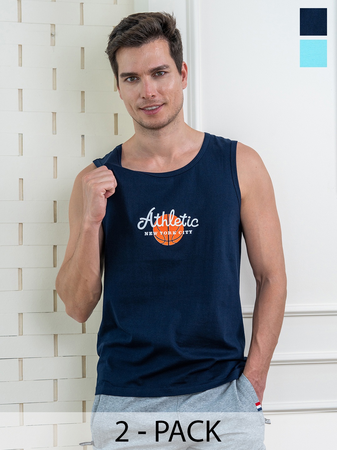 

Lux Cozi Pack Of 2 Printed Breathable Pure Cotton Lounge T-Shirts, Blue