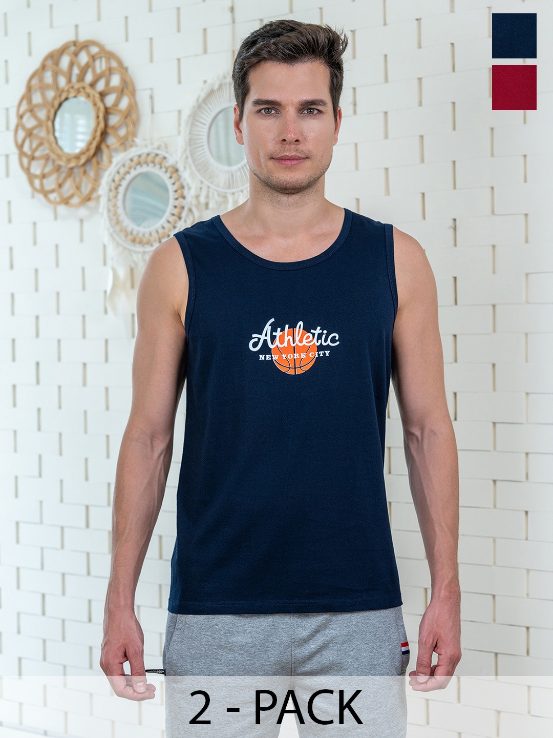 

Lux Cozi Pack Of 2 Printed Combed Cotton Lounge T-Shirts, Navy blue
