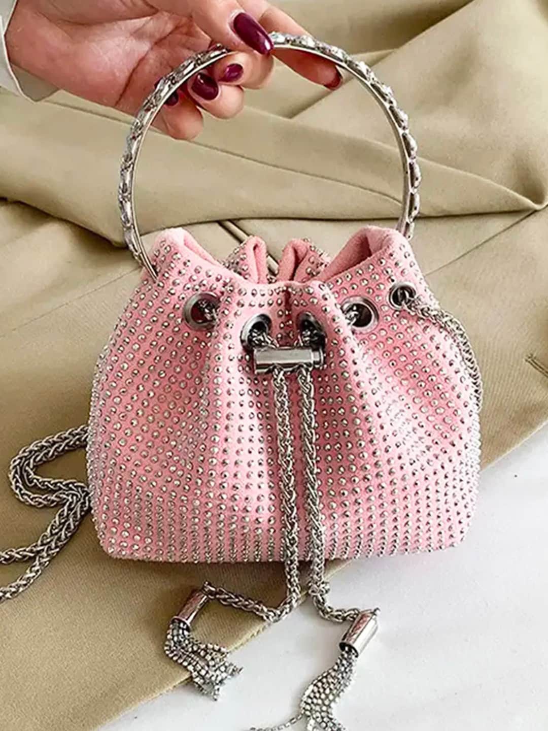 

INKMILAN Embellished PU Bucket Handheld Bag, Pink