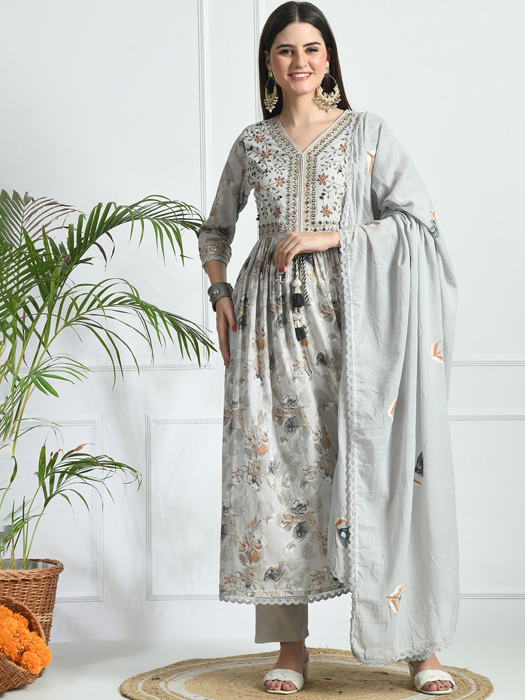 

Minifest Floral Printed Mirror Work Pure Cotton A-Line Kurta With Trousers & Dupatta, Grey