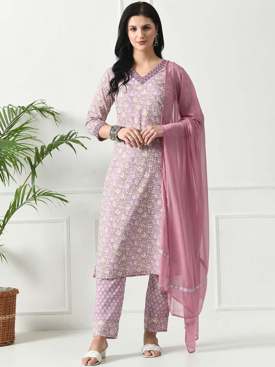 

Minifest Floral Printed V-Neck Thread Work Pure Cotton Kurta with Trousers & Dupatta, Lavender