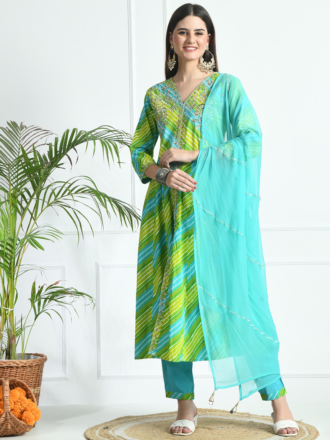 

Minifest Leheriya Printed V-Neck Pure Cotton Kurta with Trousers & Dupatta, Blue