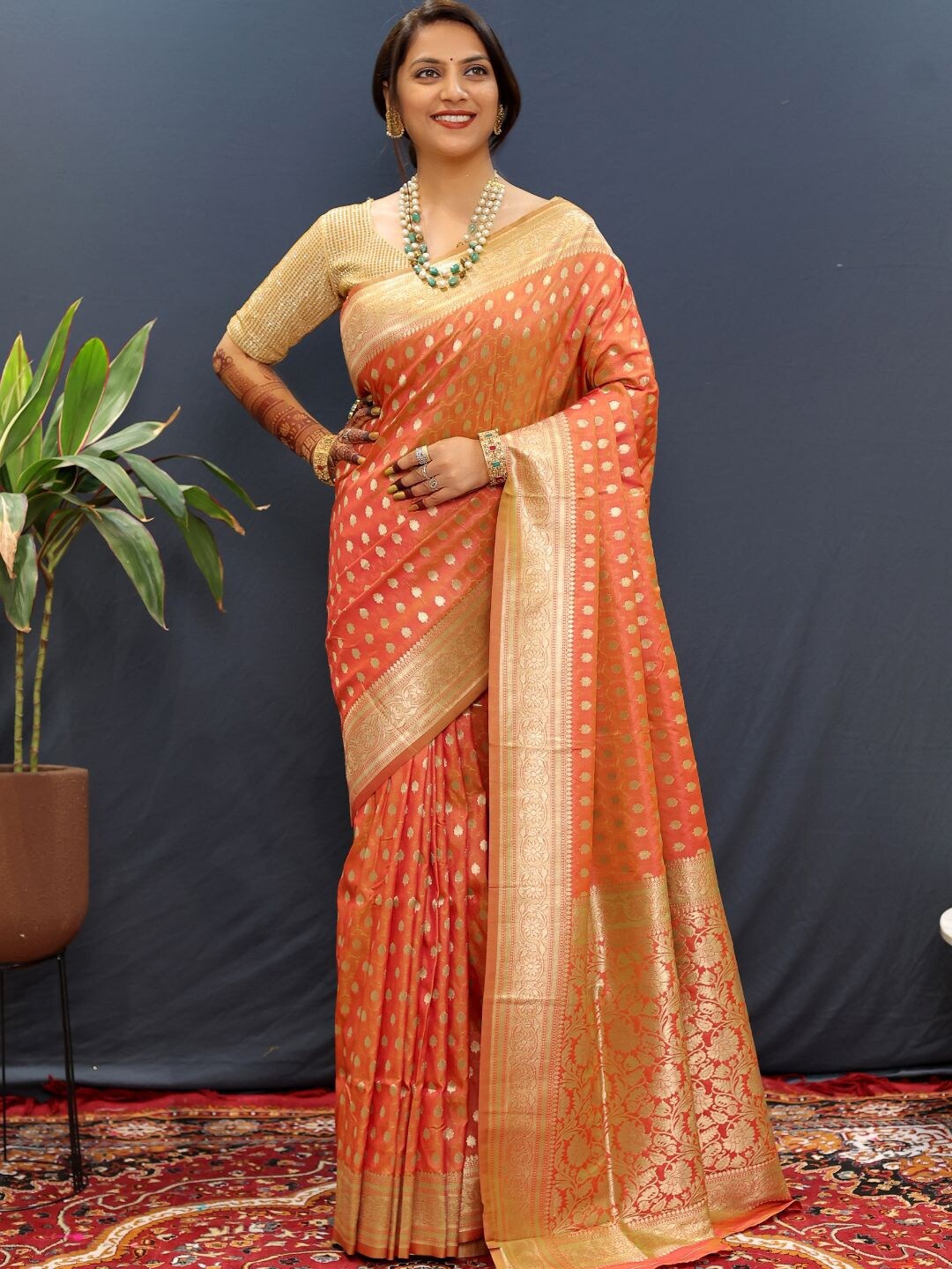 

SGF11 Woven Design Zari Art Silk Kanjeevaram Saree, Orange
