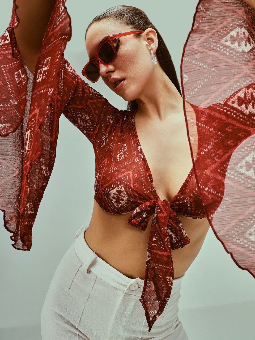 

TANDUL Abstract Printed Bell Sleeves Tie-Ups Georgette Bralette Crop Top, Maroon