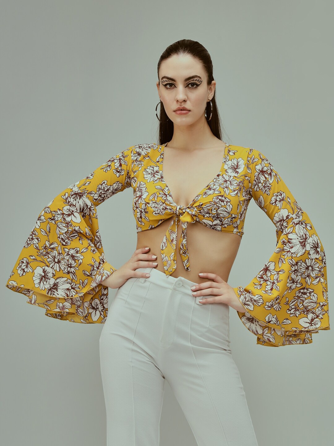 

TANDUL Floral Printed Bell Sleeves Tie-Ups Georgette Bralette Crop Top, Yellow